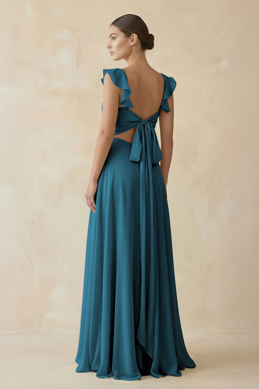 Ruffled Chiffon A - Line Long Bridesmaid Dress in Dark Teal - KissProm