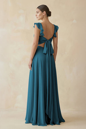 Ruffled Chiffon A - Line Long Bridesmaid Dress in Dark Teal - KissProm