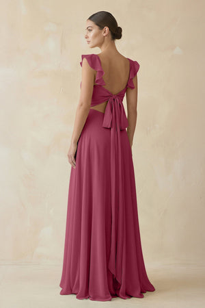 Ruffled Chiffon A - Line Long Bridesmaid Dress in Desert Rose - KissProm