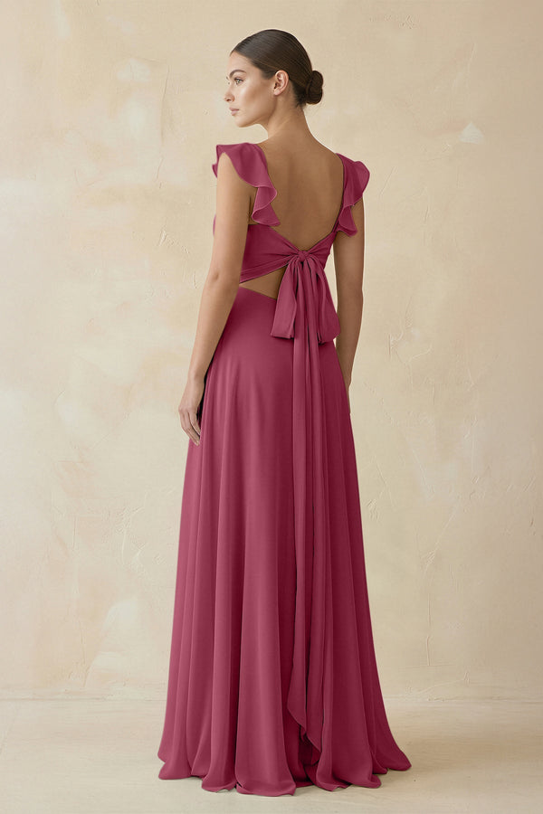 Ruffled Chiffon A - Line Long Bridesmaid Dress in Desert Rose - KissProm