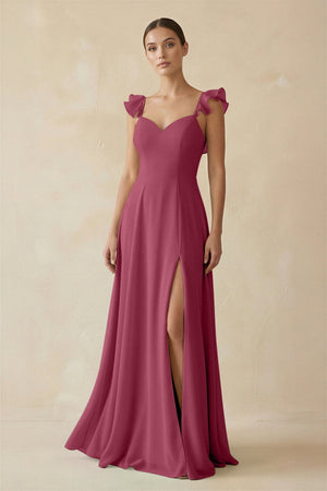 Ruffled Chiffon A - Line Long Bridesmaid Dress in Desert Rose - KissProm