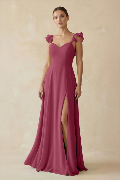 Ruffled Chiffon A - Line Long Bridesmaid Dress in Desert Rose - KissProm