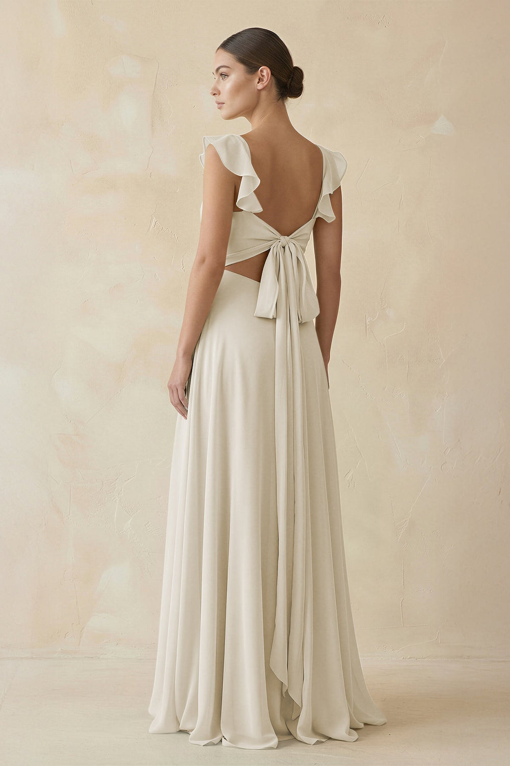 Ruffled Chiffon A - Line Long Bridesmaid Dress in Dove Gray - KissProm