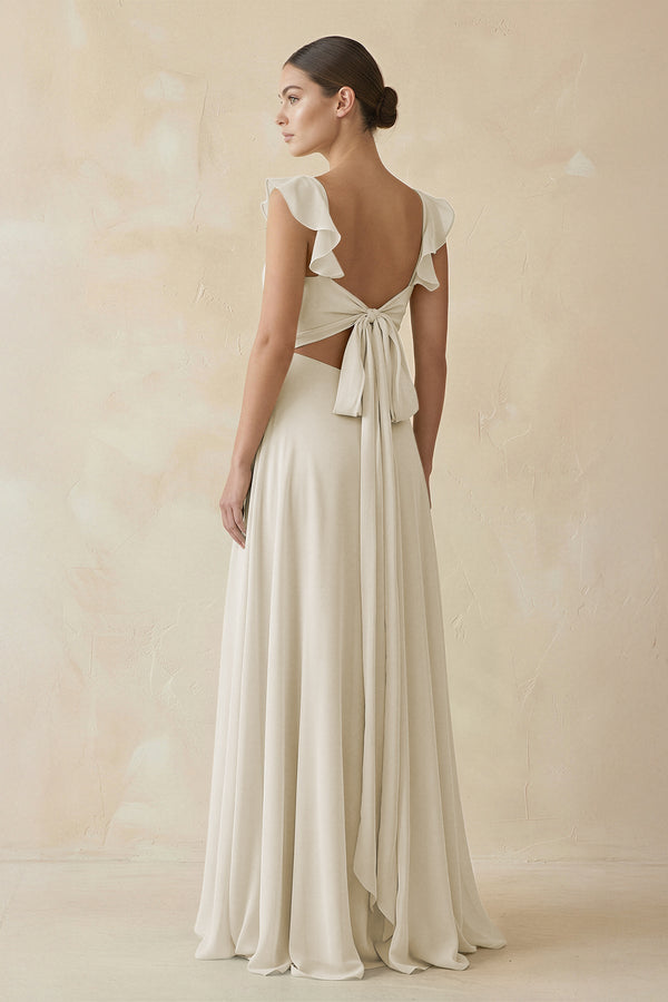 Ruffled Chiffon A - Line Long Bridesmaid Dress in Dove Gray - KissProm