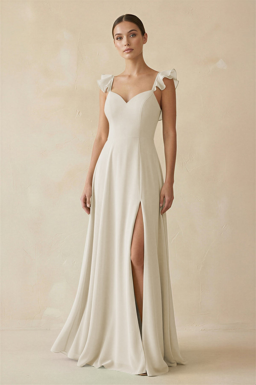 Ruffled Chiffon A - Line Long Bridesmaid Dress in Dove Gray - KissProm