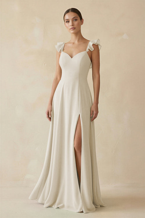 Ruffled Chiffon A - Line Long Bridesmaid Dress in Dove Gray - KissProm