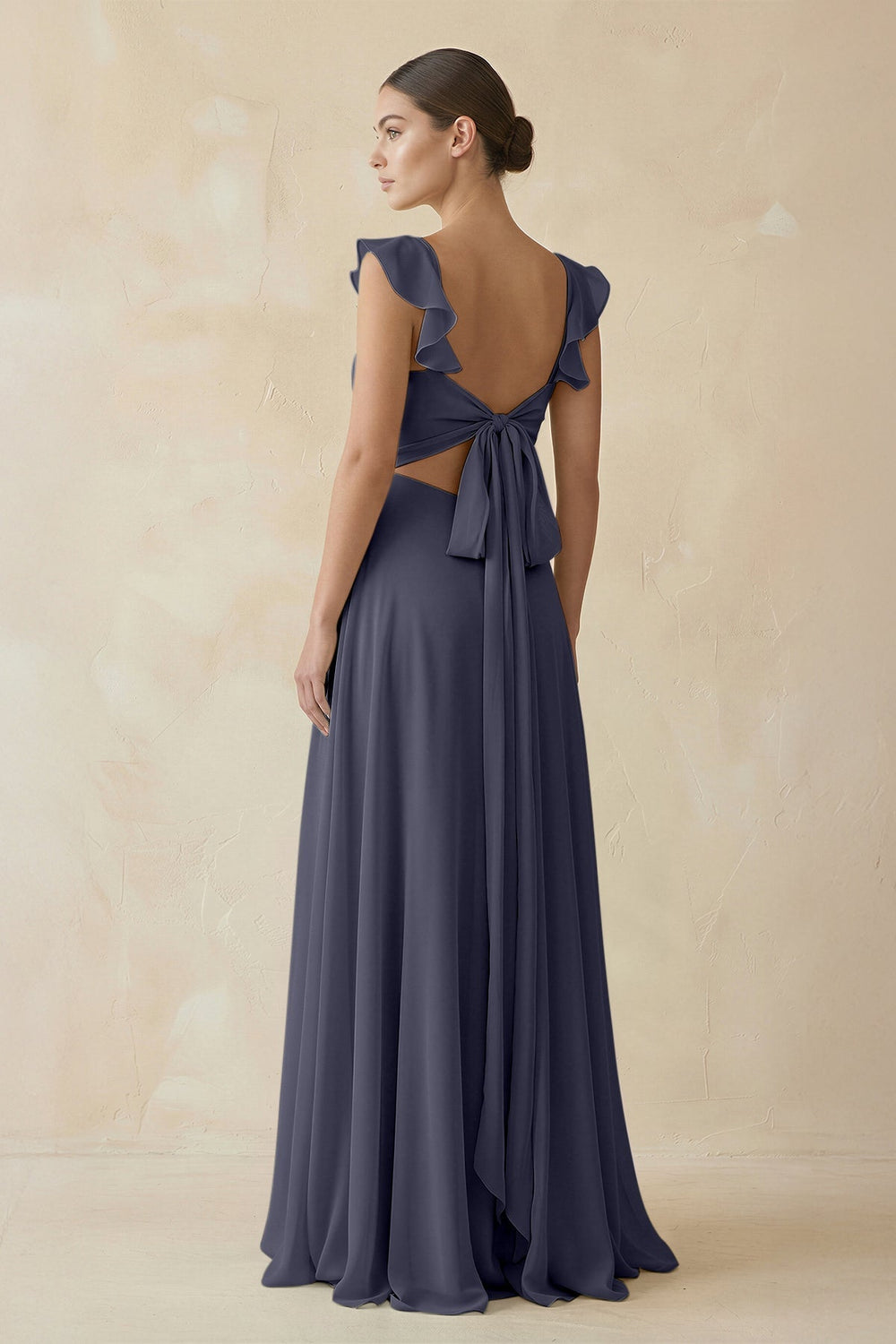 Ruffled Chiffon A - Line Long Bridesmaid Dress in Dusk Blue - KissProm