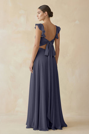 Ruffled Chiffon A - Line Long Bridesmaid Dress in Dusk Blue - KissProm