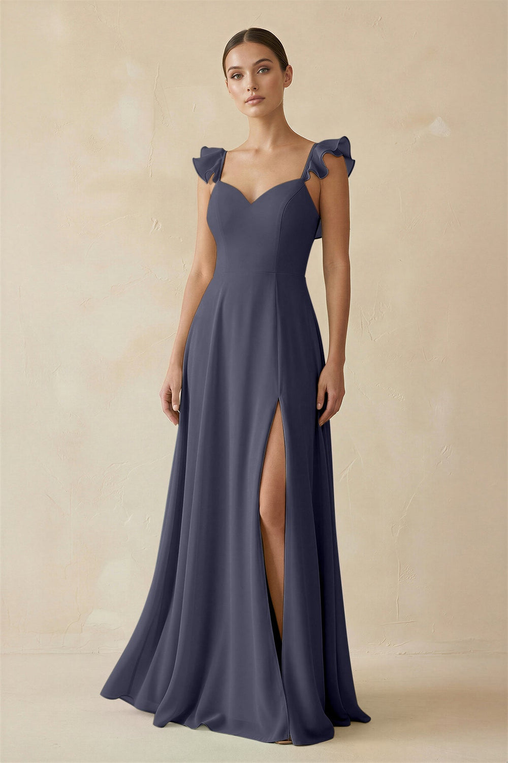 Ruffled Chiffon A - Line Long Bridesmaid Dress in Dusk Blue - KissProm