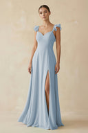 Ruffled Chiffon A - Line Long Bridesmaid Dress in Dusty Blue - KissProm