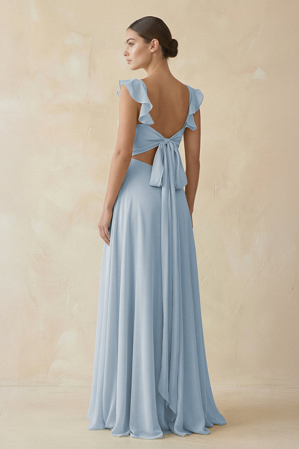 Ruffled Chiffon A - Line Long Bridesmaid Dress in Dusty Blue - KissProm