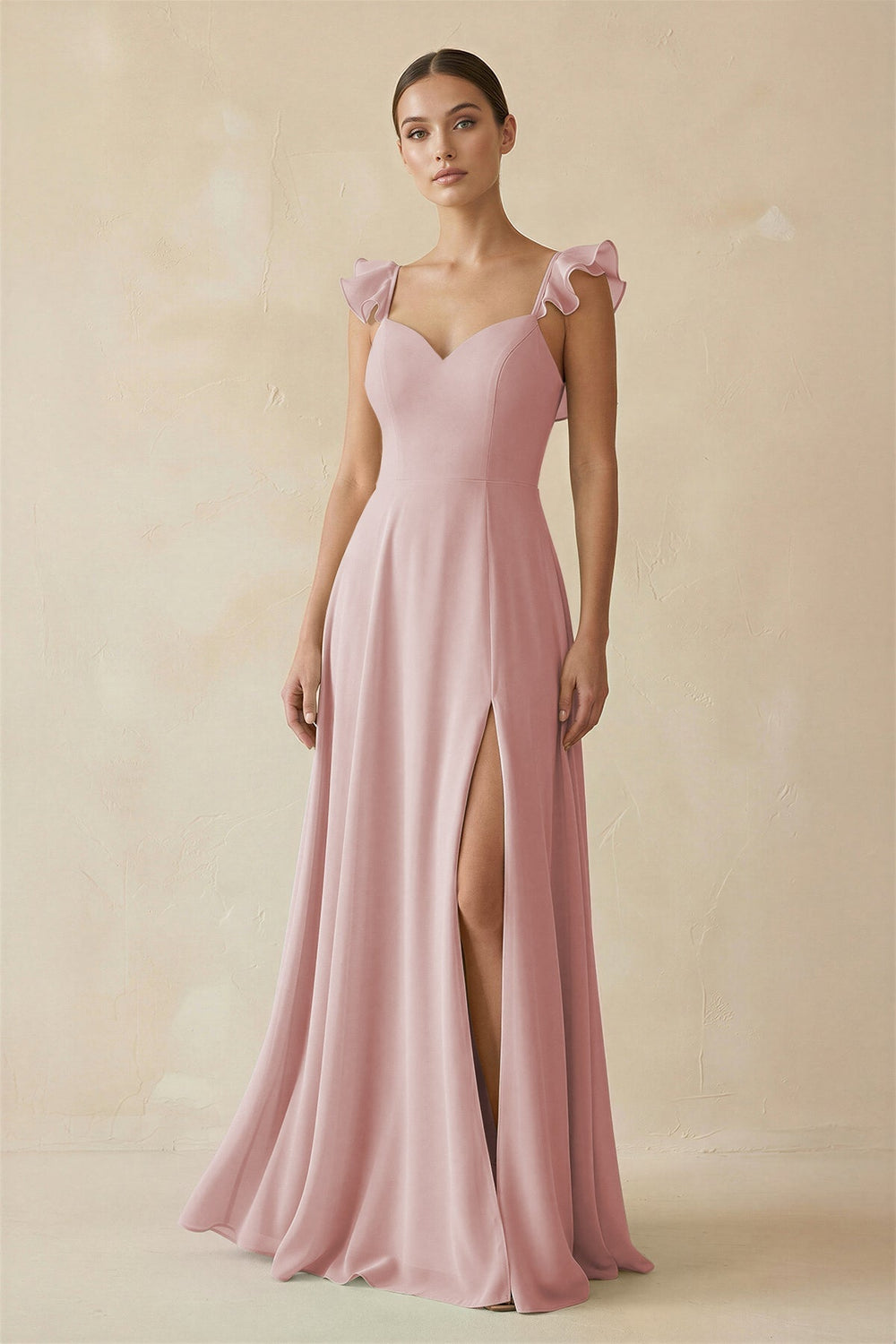 Ruffled Chiffon A - Line Long Bridesmaid Dress in Dusty Rose - KissProm