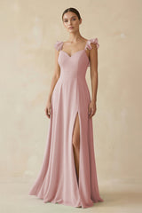 Ruffled Chiffon A - Line Long Bridesmaid Dress in Dusty Rose - KissProm
