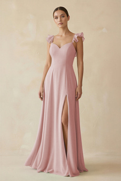 Ruffled Chiffon A - Line Long Bridesmaid Dress in Dusty Rose - KissProm