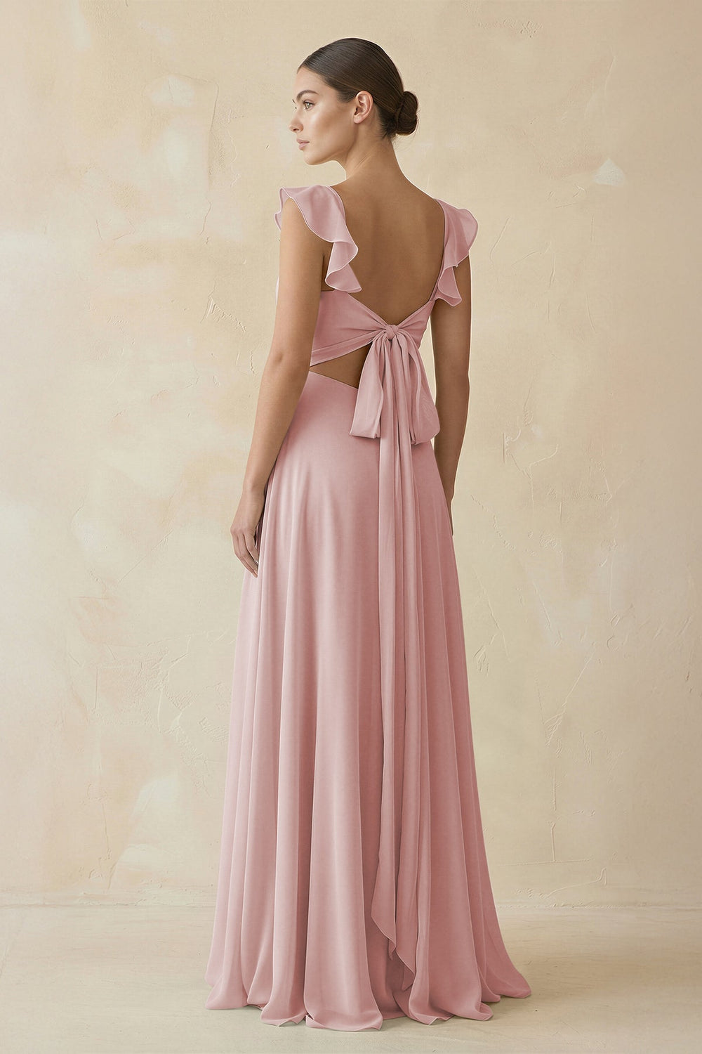 Ruffled Chiffon A - Line Long Bridesmaid Dress in Dusty Rose - KissProm