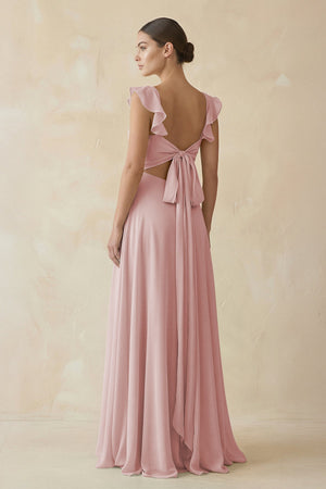 Ruffled Chiffon A - Line Long Bridesmaid Dress in Dusty Rose - KissProm