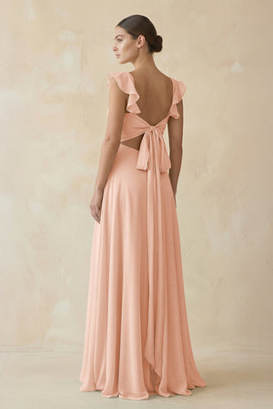 Ruffled Chiffon A - Line Long Bridesmaid Dress in English Rose - KissProm