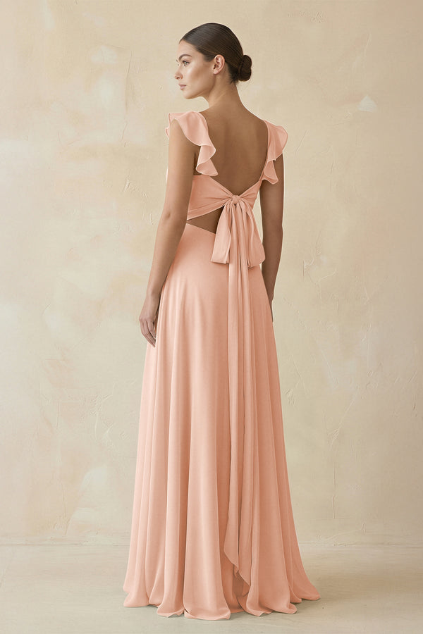 Ruffled Chiffon A - Line Long Bridesmaid Dress in English Rose - KissProm