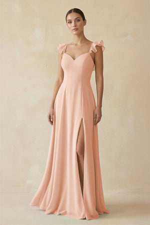 Ruffled Chiffon A - Line Long Bridesmaid Dress in English Rose - KissProm