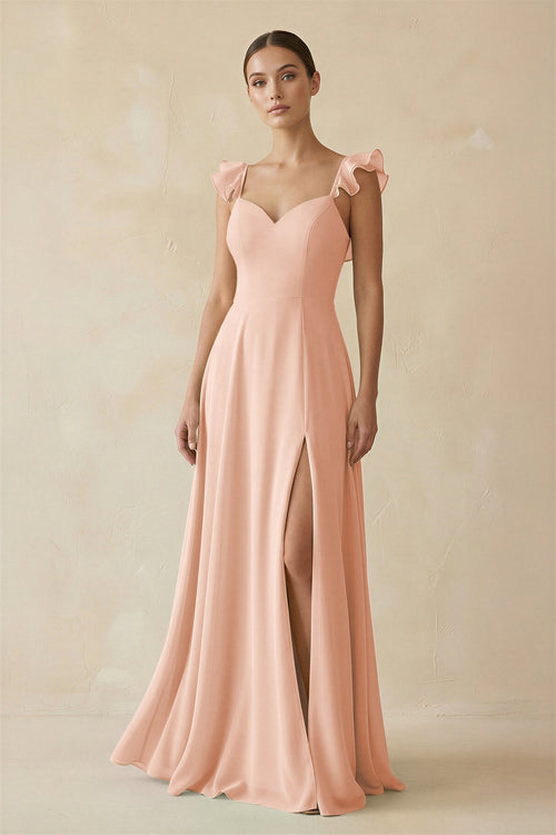 Ruffled Chiffon A - Line Long Bridesmaid Dress in English Rose - KissProm