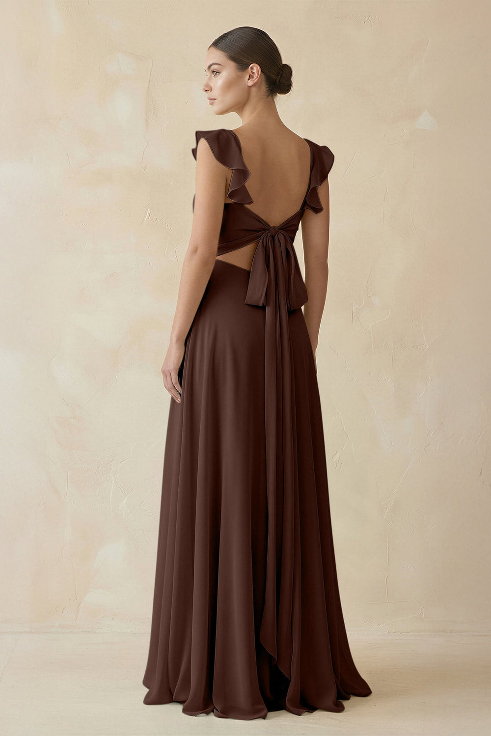 Ruffled Chiffon A - Line Long Bridesmaid Dress in Espresso - KissProm