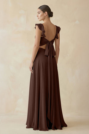 Ruffled Chiffon A - Line Long Bridesmaid Dress in Espresso - KissProm