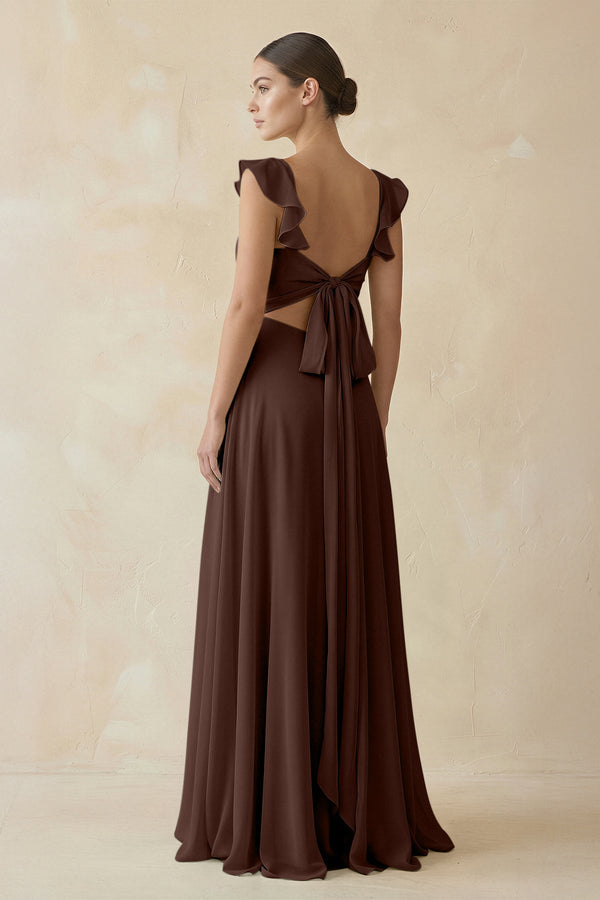 Ruffled Chiffon A - Line Long Bridesmaid Dress in Espresso - KissProm