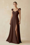 Ruffled Chiffon A - Line Long Bridesmaid Dress in Espresso - KissProm