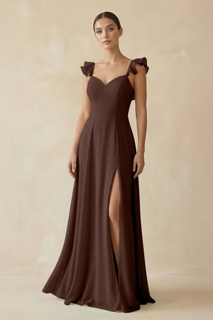 Ruffled Chiffon A - Line Long Bridesmaid Dress in Espresso - KissProm