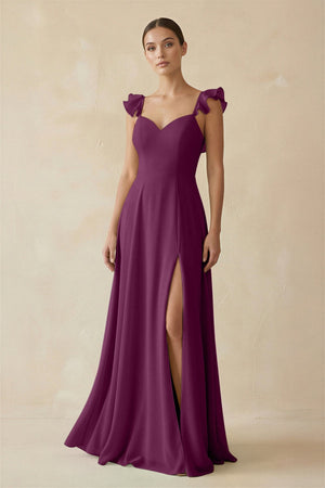 Ruffled Chiffon A - Line Long Bridesmaid Dress in Fig - KissProm