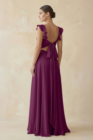 Ruffled Chiffon A - Line Long Bridesmaid Dress in Fig - KissProm
