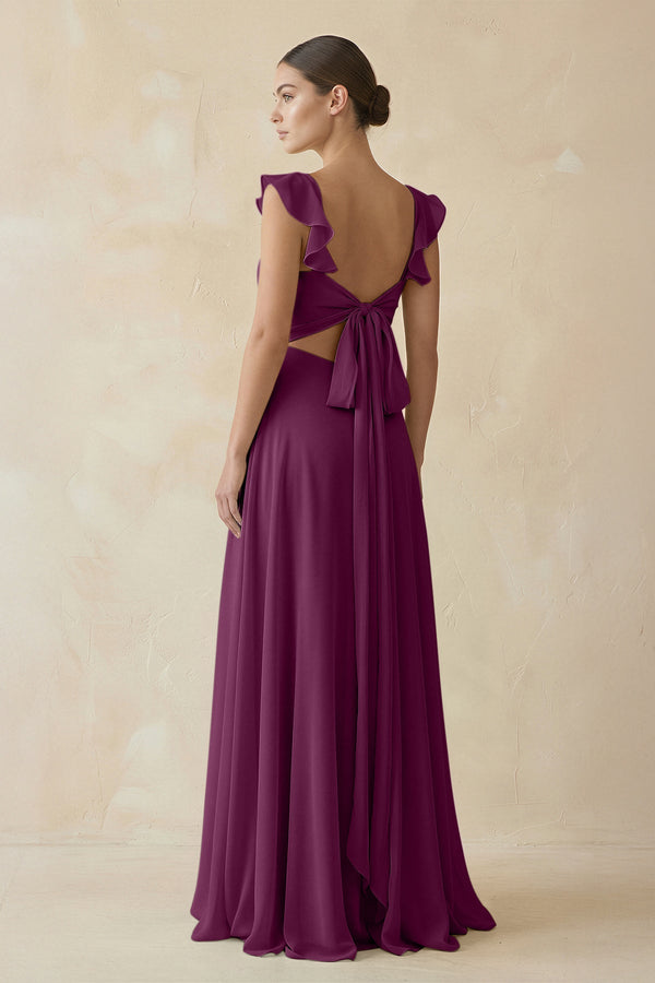 Ruffled Chiffon A - Line Long Bridesmaid Dress in Fig - KissProm