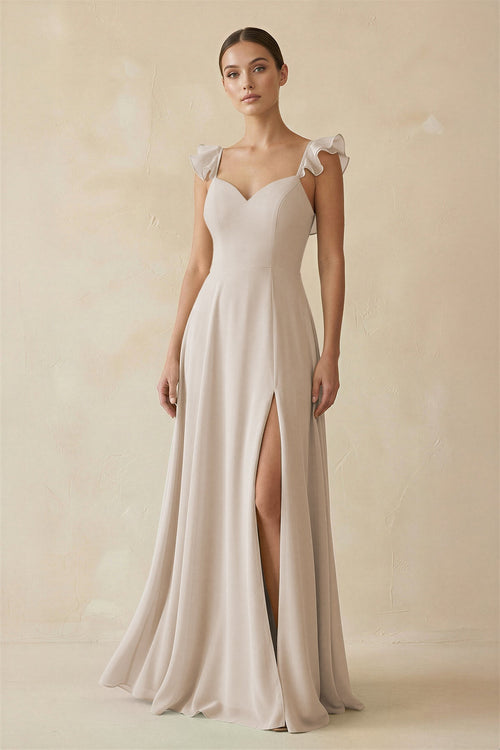 Ruffled Chiffon A - Line Long Bridesmaid Dress in Frost - KissProm
