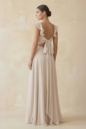 Ruffled Chiffon A - Line Long Bridesmaid Dress in Frost - KissProm