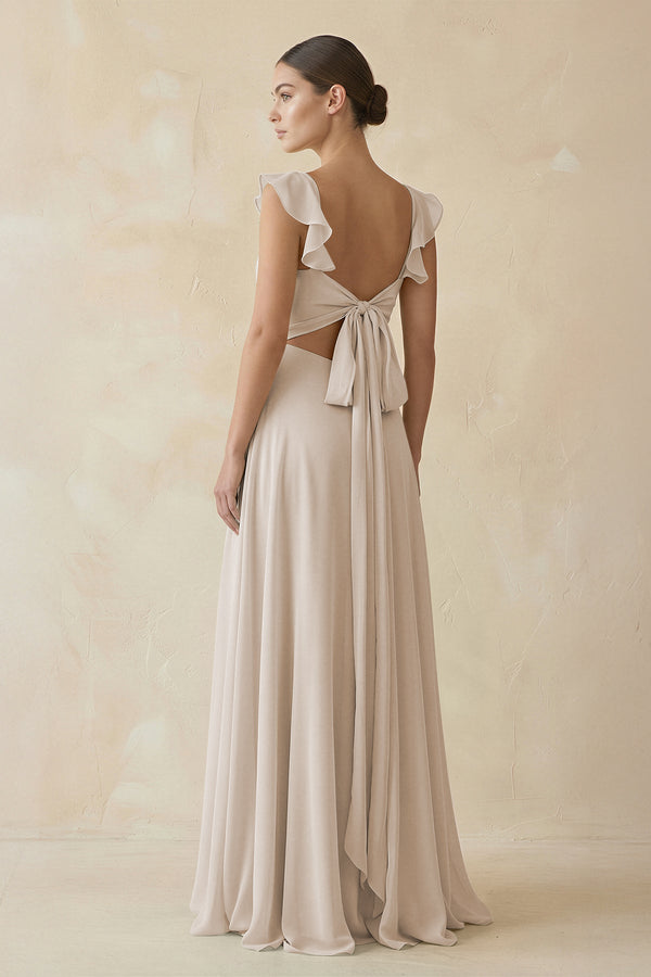 Ruffled Chiffon A - Line Long Bridesmaid Dress in Frost - KissProm