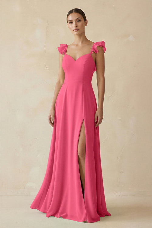 Ruffled Chiffon A - Line Long Bridesmaid Dress in Fuchsia - KissProm