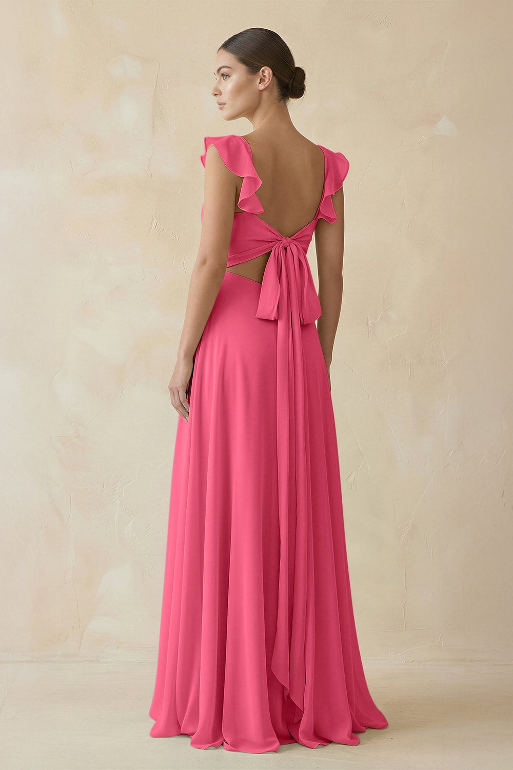 Ruffled Chiffon A - Line Long Bridesmaid Dress in Fuchsia - KissProm
