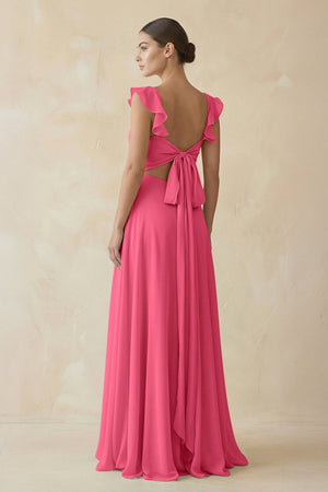 Ruffled Chiffon A - Line Long Bridesmaid Dress in Fuchsia - KissProm