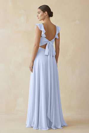 Ruffled Chiffon A - Line Long Bridesmaid Dress in Ice - KissProm