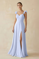Ruffled Chiffon A - Line Long Bridesmaid Dress in Ice - KissProm
