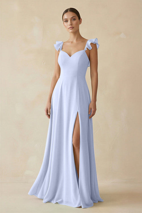 Ruffled Chiffon A - Line Long Bridesmaid Dress in Ice - KissProm