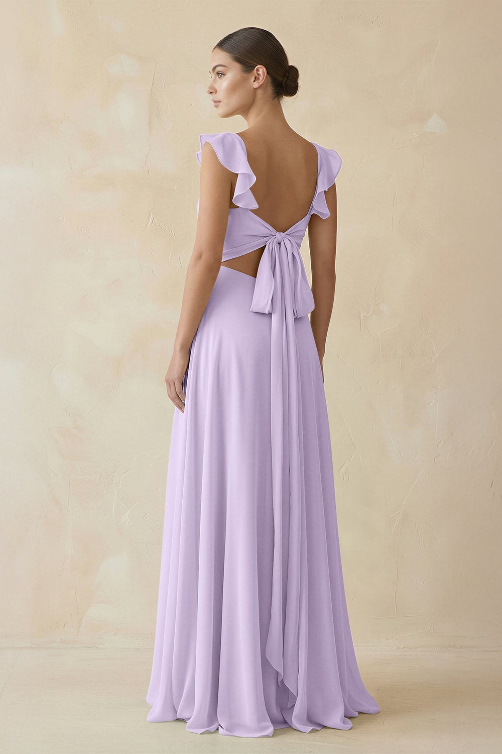 Ruffled Chiffon A - Line Long Bridesmaid Dress in Lavender - KissProm