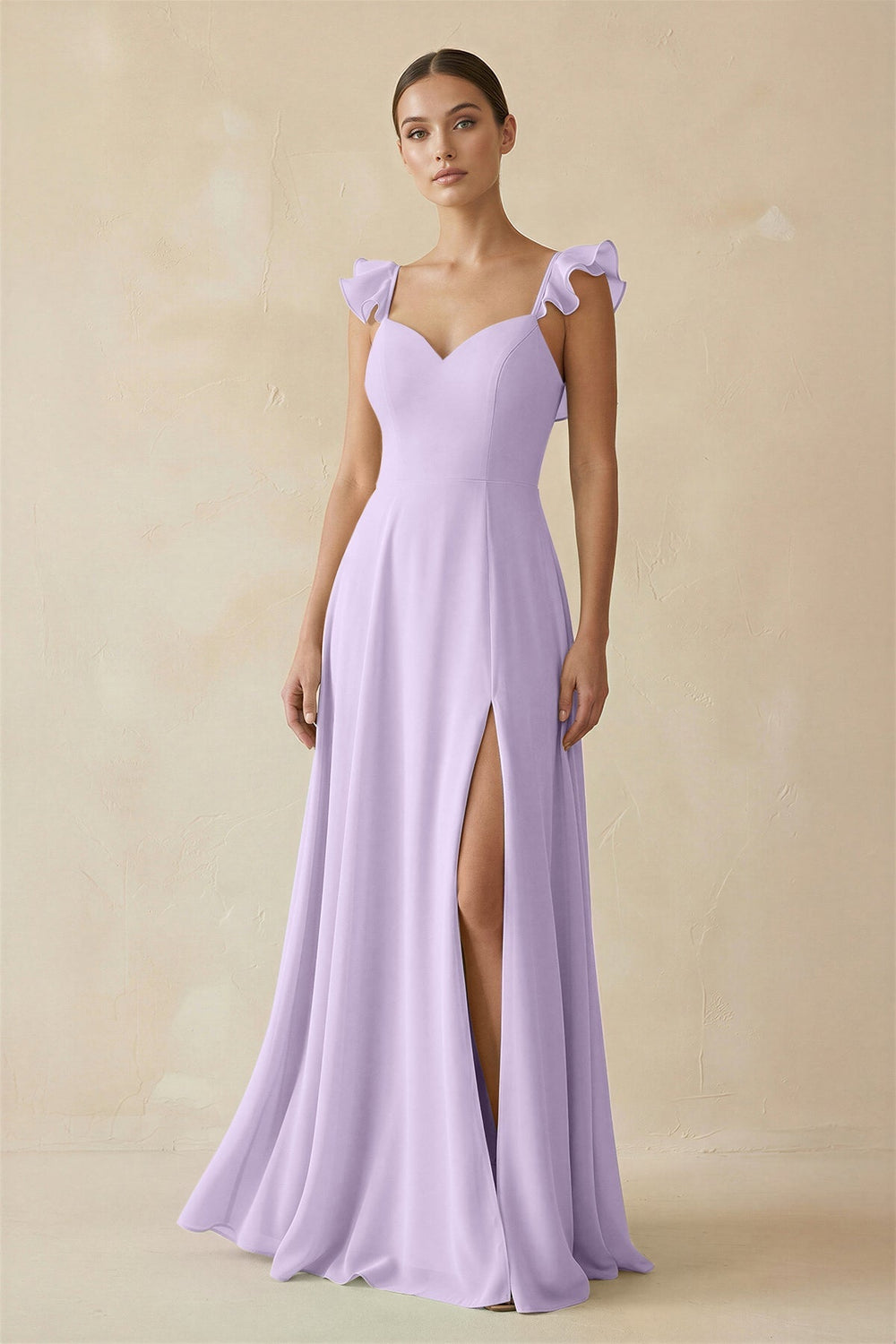 Ruffled Chiffon A - Line Long Bridesmaid Dress in Lavender - KissProm