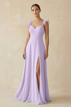 Ruffled Chiffon A - Line Long Bridesmaid Dress in Lavender - KissProm