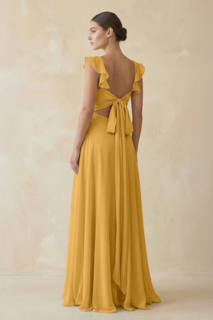 Ruffled Chiffon A - Line Long Bridesmaid Dress in Marigold - KissProm