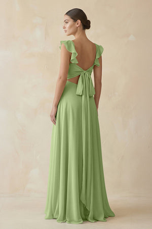 Ruffled Chiffon A - Line Long Bridesmaid Dress in Matcha - KissProm