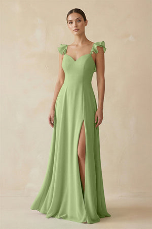 Ruffled Chiffon A - Line Long Bridesmaid Dress in Matcha - KissProm