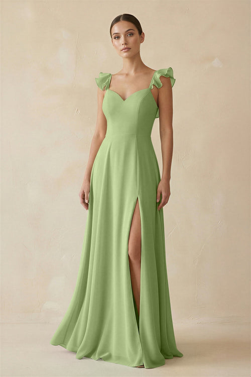 Ruffled Chiffon A - Line Long Bridesmaid Dress in Matcha - KissProm