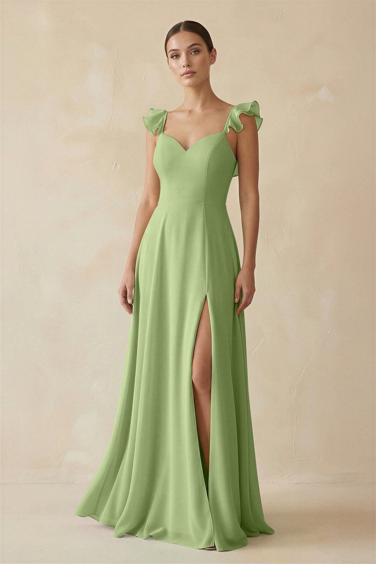 KissProm Ruffled Chiffon A-Line Long Bridesmaid Dress in Matcha, Matcha / 4
