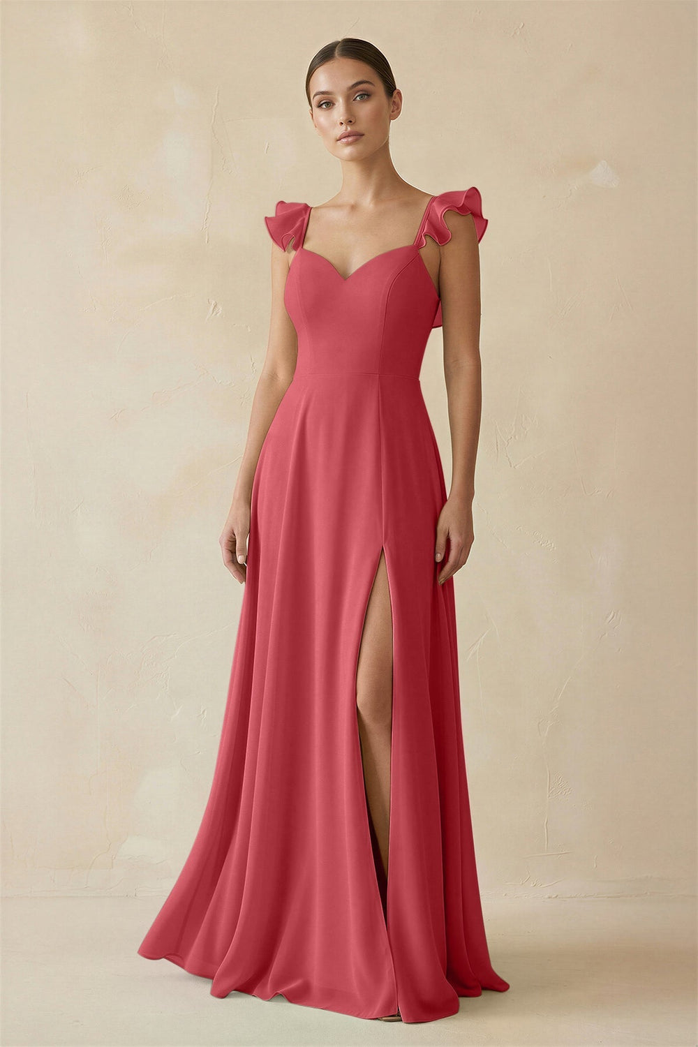 Ruffled Chiffon A - Line Long Bridesmaid Dress in Merlot - KissProm